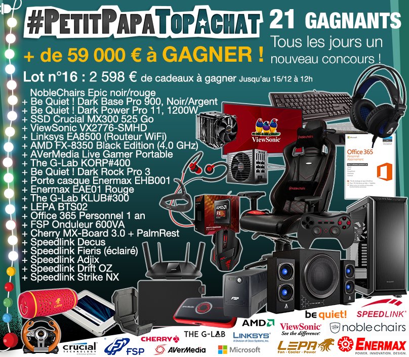 TopAchat's tweet image. Concours #PetitPapaTopAchat

C'est parti pour le #lot16 à 2 598 € :-)

Pour participer, RT + Follow @TopAchat !