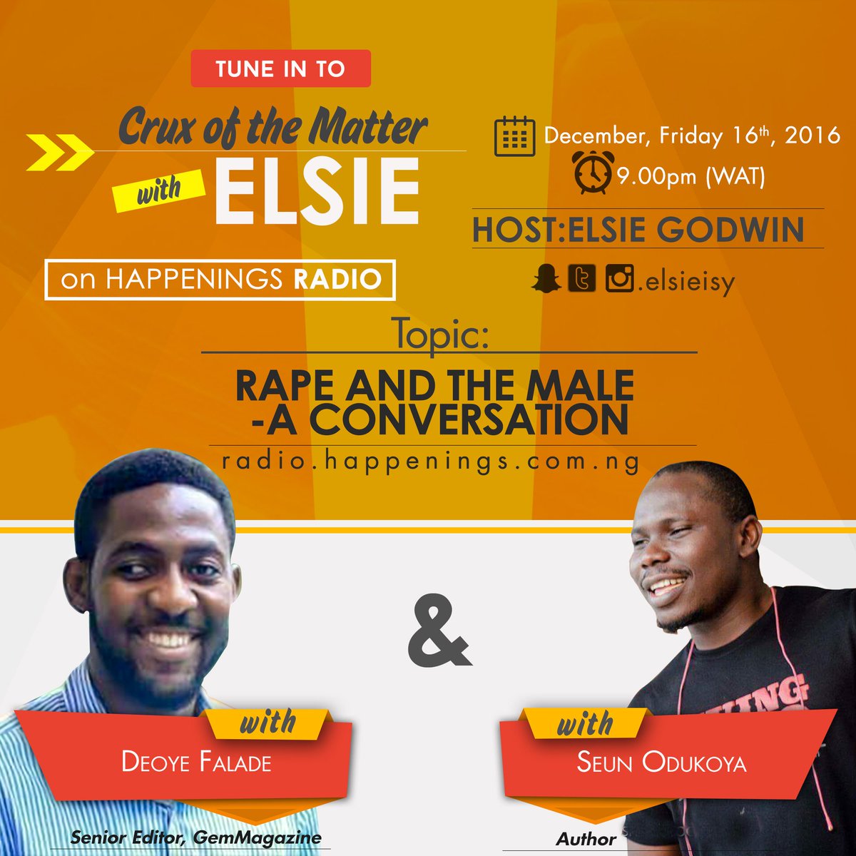 ELSiEiSY's tweet photo. This Friday on @HappeningsRadio with @Crosseyednerd and @seunodukoya 

Dont miss this.

Log on to https://t.co/14zJaA1Jhq at 9pm this Fri https://t.co/wkJTg8mVRt