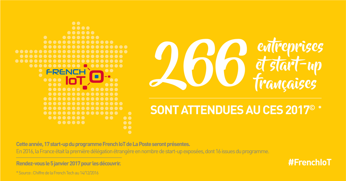 GroupeLaPoste's tweet photo. La France représentera la 3e délégation mondiale au #CES2017 avec 266 entreprises, dont 17 #Startup #FrenchIoT > https://t.co/T0btqbqt9A https://t.co/4yIBYcNtho