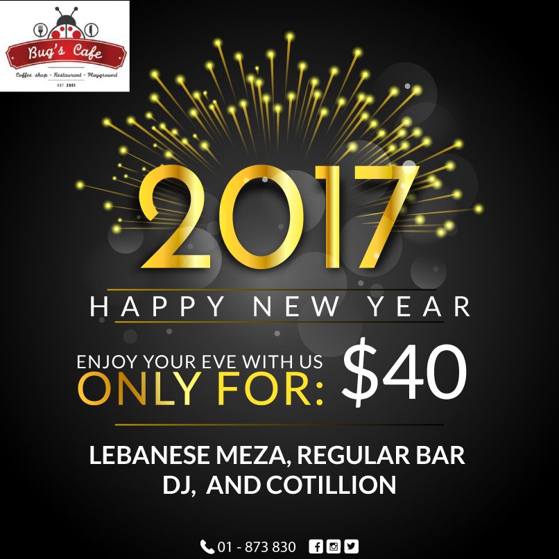 bugscafe's tweet photo. Enjoy your new year's eve at bug's cafe.
Only for: 40$!!
Lebanese meza, regular bar, DJ,  and cotillion
#bugs #cafe #newyear #eve #party https://t.co/9I29eWfWp1