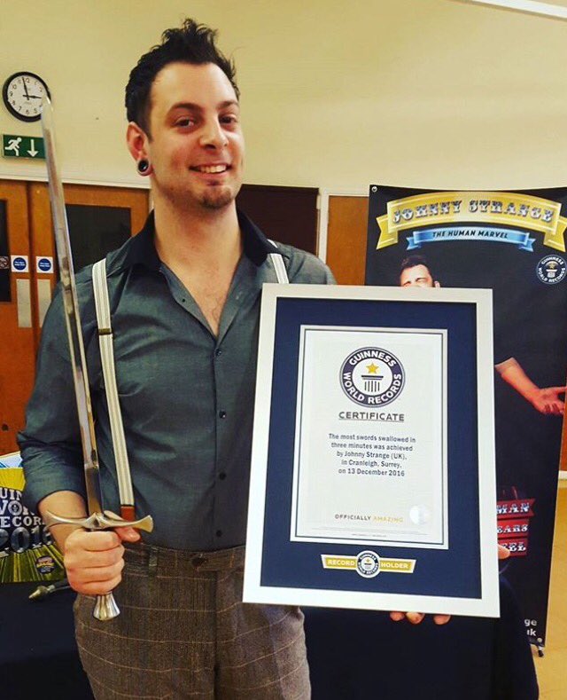 strangejohnny's tweet photo. Got myself another @GWR - this one is for 'The most swords swallowed in three minutes' #johnnystrange #swordswallowing #sideshow #gwr https://t.co/6E5ct8hIKL