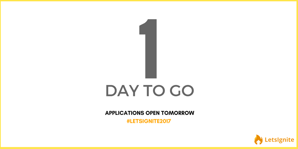 lvxventures's tweet photo. Applications for track 1 open TOMORROW. Stay tuned, link coming soon #LetsIgnite2017 #Startups #India https://t.co/nmGazoBMRf