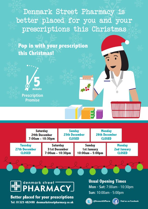 DenmarkStPharm's tweet photo. Shorter opening times over the festivities. Order any repeat prescriptions now and stock up on over the counter remedies #staywellthiswinter https://t.co/3erX3nzkL8