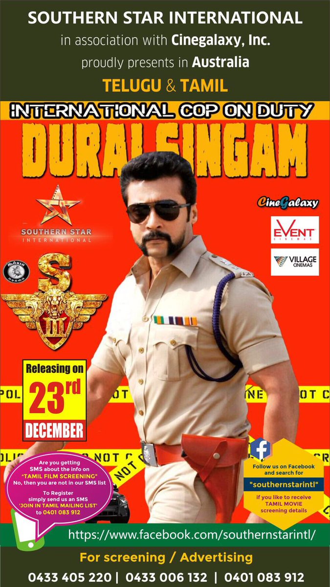 TamilMovies_Aus's tweet photo. #Singam3 #S3 #23rdDec #Aus #SouthernStarIntl https://t.co/lB0O0FG5Y4