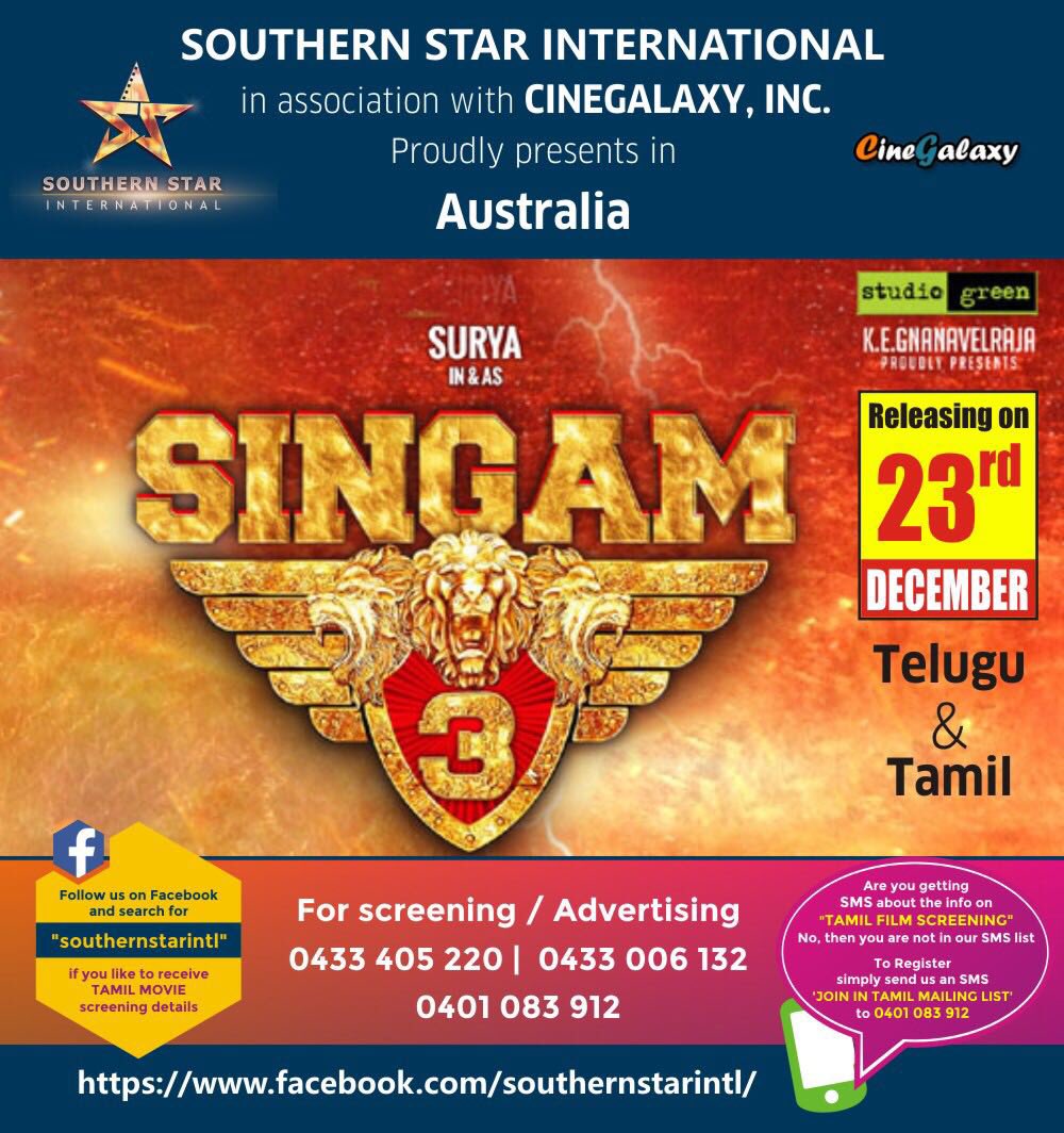 TamilMovies_Aus's tweet photo. #Singam3 #S3 #23rdDec #Aus #SouthernStarIntl https://t.co/XYmPFz0jIA