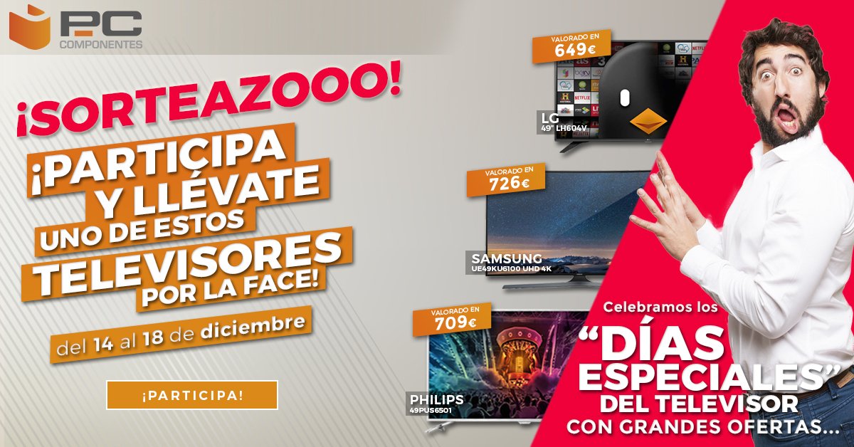 Sorteazo! Llévate 1 de las 3 TVs! RT y comenta con #DiasEspecialesPcComponentesTV Sigue bases y rellena tus datos! bit.ly/2gKxUIy