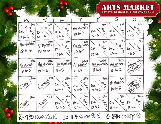 ArtsMarket's tweet photo. A friendly reminder on Toronto's #BestUniqueGiftStore '16's Holiday hours! #shoplocal #supportlocal #localartists #toronto https://t.co/3mtAsZ5Ddn
