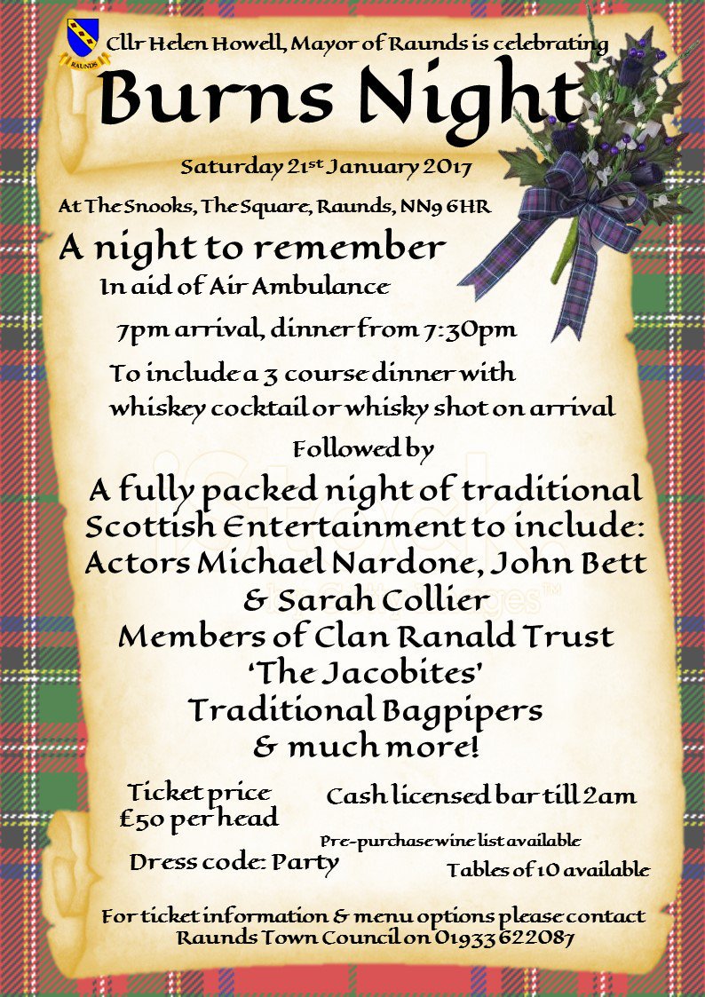 Burns Night Celebrations on 21 JANUARY at The Snooks, #Raunds

Tickets available from <a href="/RaundsTC/">Raunds Town Council</a>