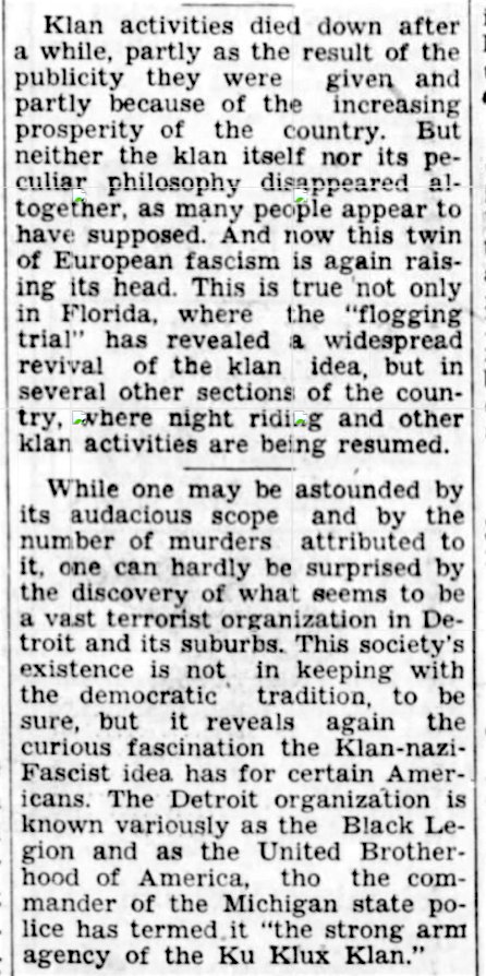 Limerick1914's tweet photo. A paper in Nebraska rebuked the suggestion that fascism cld not grow in the U.S. Points to the KKK. (Lincoln Evening Journal, 28 May 1936) https://t.co/FTEBHo1OLq