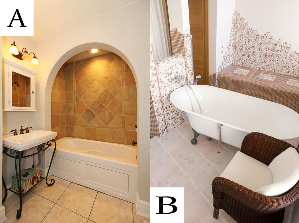 GordonCorey's tweet image. Would you rather have a bath tucked away in its own little nook or a standalone tub with modern tiling on the walls?