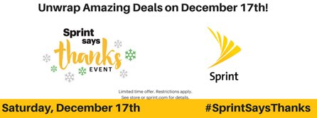 Promo_Champs's tweet photo. Unwrap savings for your entire holiday list! Come into Sprint stores on 12/17 for #SprintSaysThanks! https://t.co/jR29rxLtmv https://t.co/RwtcOEfsnT