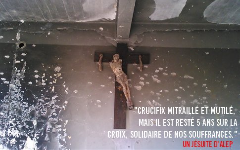 AEDenFrance's tweet photo. "Crucifix mitraillé et mutilé, mais resté 5 ans sur la croix, solidaire de nos souffrances, défiguré comme notre ville" Un jésuite à #Alep https://t.co/2J3K9TGHbd