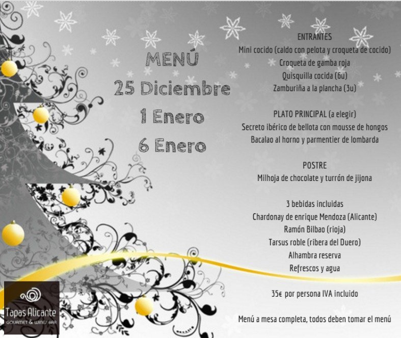 tapasalicante's tweet photo. ¿Sabes ya donde vas a comer en Navidad?

En Tapas Alicante abrimos de forma especial los días 25 de Diciembre, 1 de Enero y 6 de Enero, https://t.co/hS4B7pm3tX