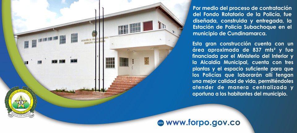 FORPO's tweet photo. Construimos y entregamos al @MinInterior, @AlcaldaSubachoq y @PoliciaColombia la nueva Estación de Policía Subachoque https://t.co/1lij7Z9q2r