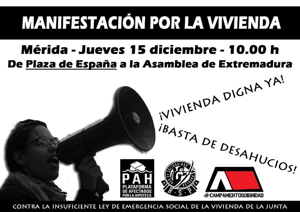15__Merida's tweet photo. Mañana en Mérida manifestación a nivel extremeño contra los desahucios y por la vivienda digna. A las 10 de la mañana en la Plaza de España https://t.co/0j08hqBZNJ