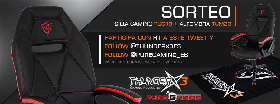 PureGaming_ES's tweet photo. #SORTEO Gana esta increíble SILLA GAMER TGC10 y la alfombrilla TGM20 ¿Te gusta? Pues FOLLOW @ThunderX3ES y @PureGaming_ES y RT a este tweet😜 https://t.co/rFwhX5dQPD