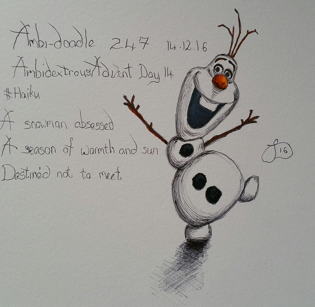 neonblaze72's tweet photo. #ambidexterityrulesok #ambidextrousadvent day#14 @PaigntonPoet @TheLuckyHand #olaf #switchdrawer #festiveart #illustration #illoadvent https://t.co/uhY8qvTZuK