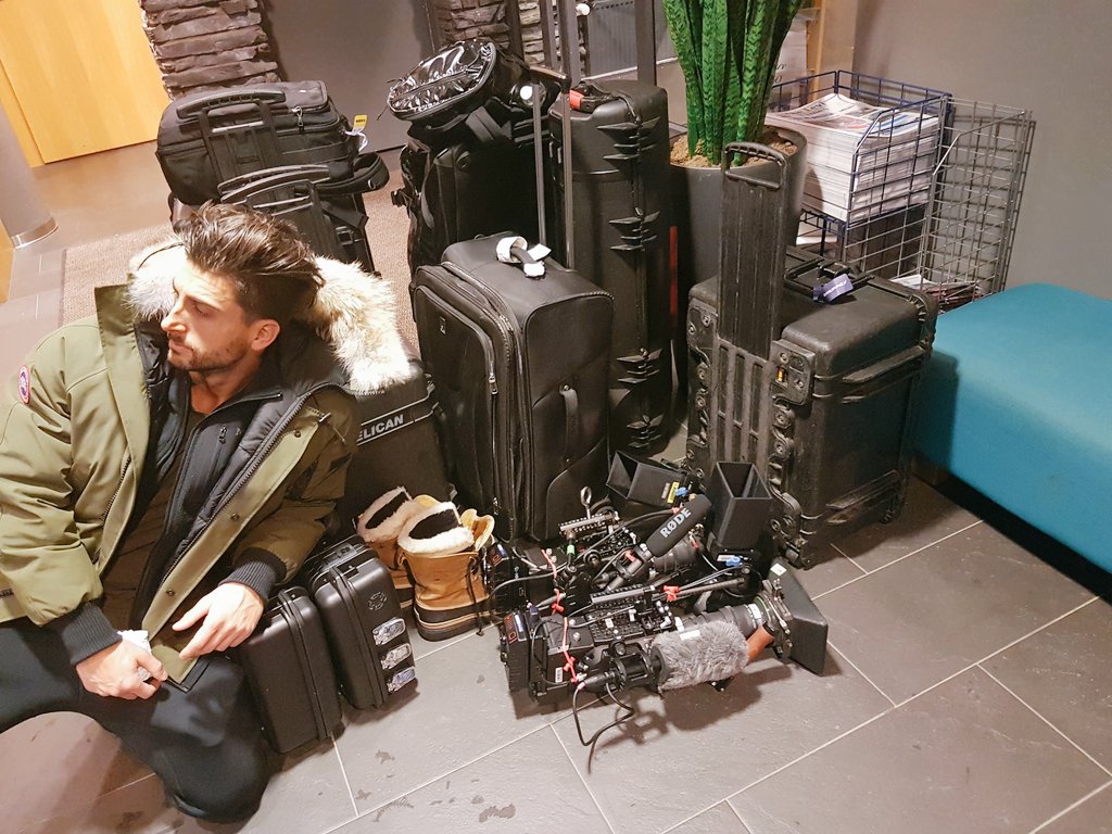 Casey's tweet photo. Holiday movie shoot camera gear situation. @Jessewelle making sure no one steals it https://t.co/ehDdTnSWQl
