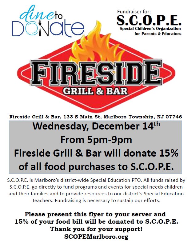 Tonight from 5pm-9pm @ Fireside Grill &amp; Bar, SCOPE receives 15% of all food purchases. Please join us &amp; help support our programs! <a href="/MTPSNJ/">Marlboro Twp Schools</a>