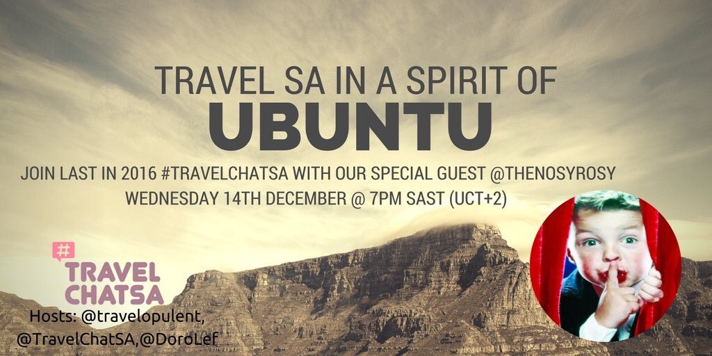 DoroLef's tweet photo. Join the #travelchatSA community for the last chat of the year to talk about the spirit of Ubuntu https://t.co/IzG6vcMy2X https://t.co/u37nzmQguv