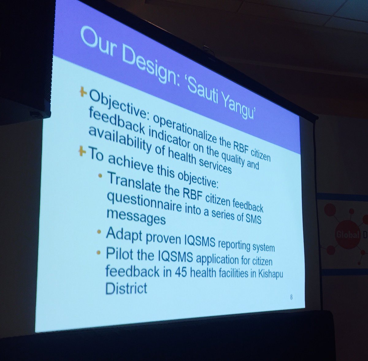 GH_Knowledge's tweet photo. @SindriLynn @PalladiumIntDev on citizen feedback in results based financing in TZ: SMS may be more effective than site visits #GDHF2016 https://t.co/zM7Zi7kR7p
