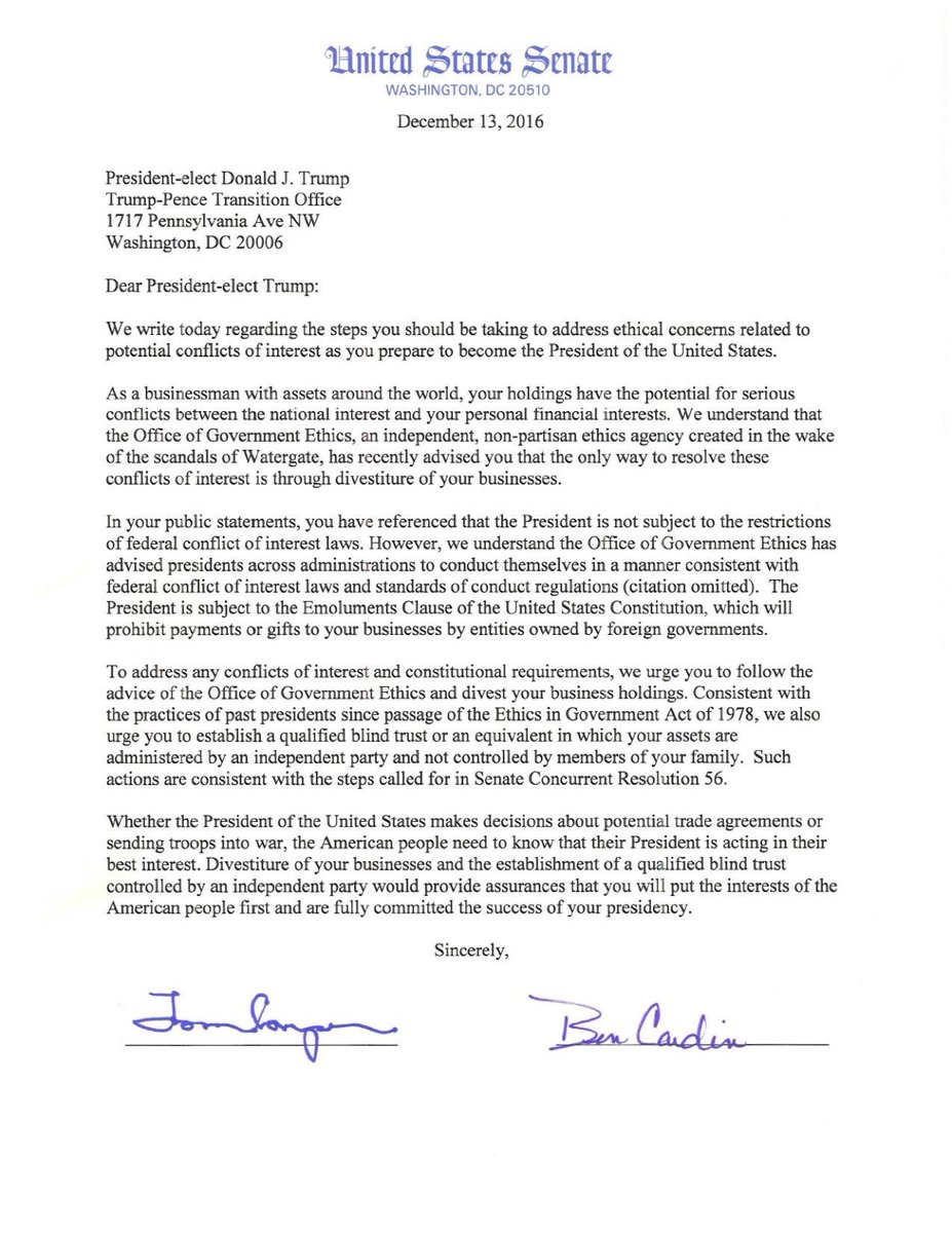 PinnPolitics's tweet photo. 23 senators sign letter calling on Donald Trump to divest his business holdings https://t.co/mjK6KggF2F