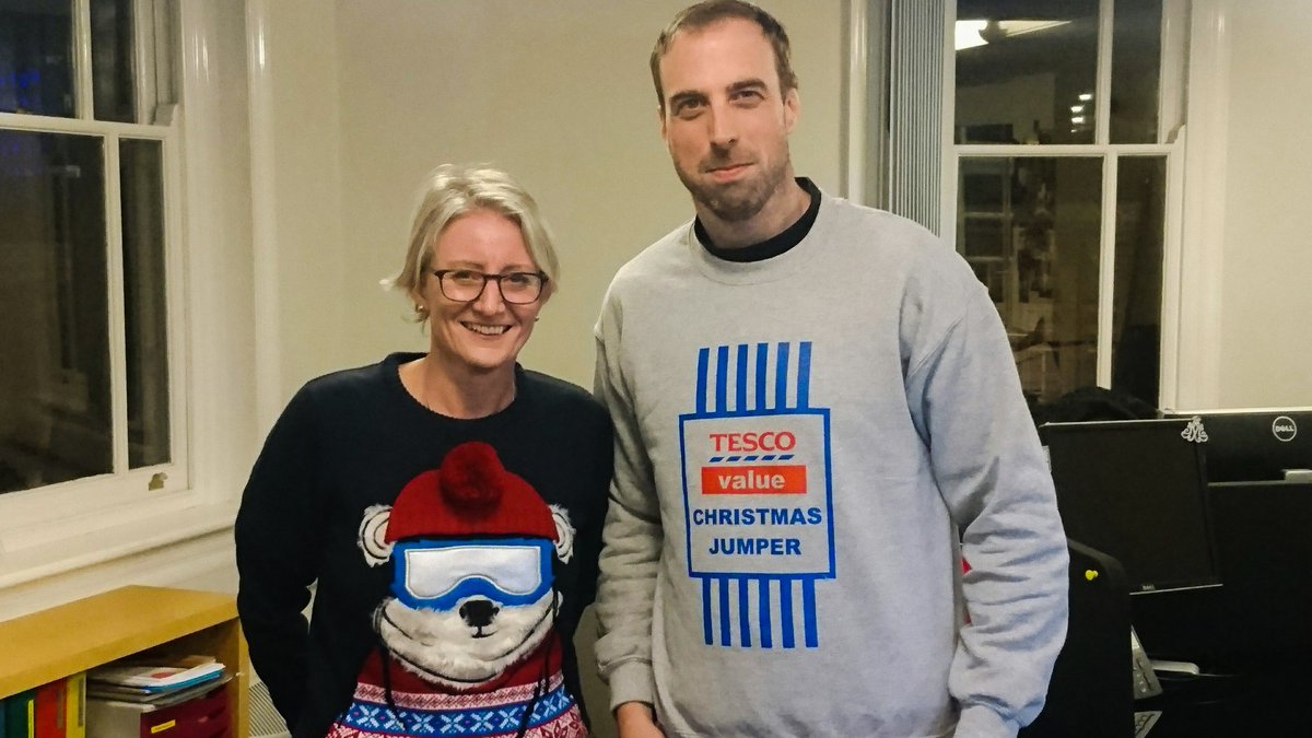 Sally and Tony looking fab in their festive knits for #christmasjumperday