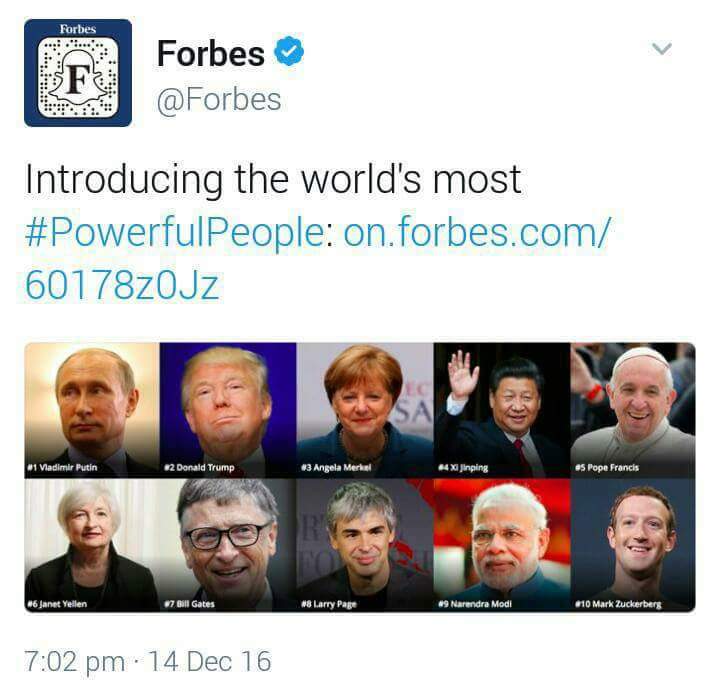 NaIna0806's tweet photo. PM Narendra Modi among world's top 10 most powerful people, according to a #Forbes' list, Proud moment for all of us. https://t.co/q8fIsoojpL