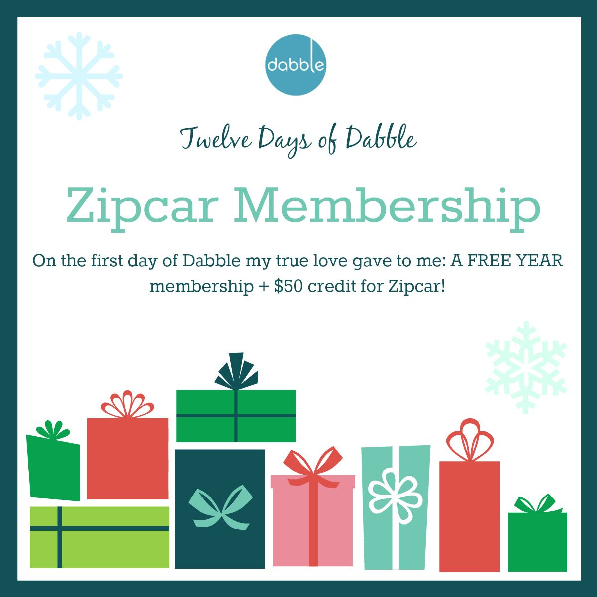 dabblehq's tweet image. On the First Day of Dabble, my true love gave to me; a year of @zipcar for free! #12DaysOfDabble are just getting started! Thanks @Zipcar