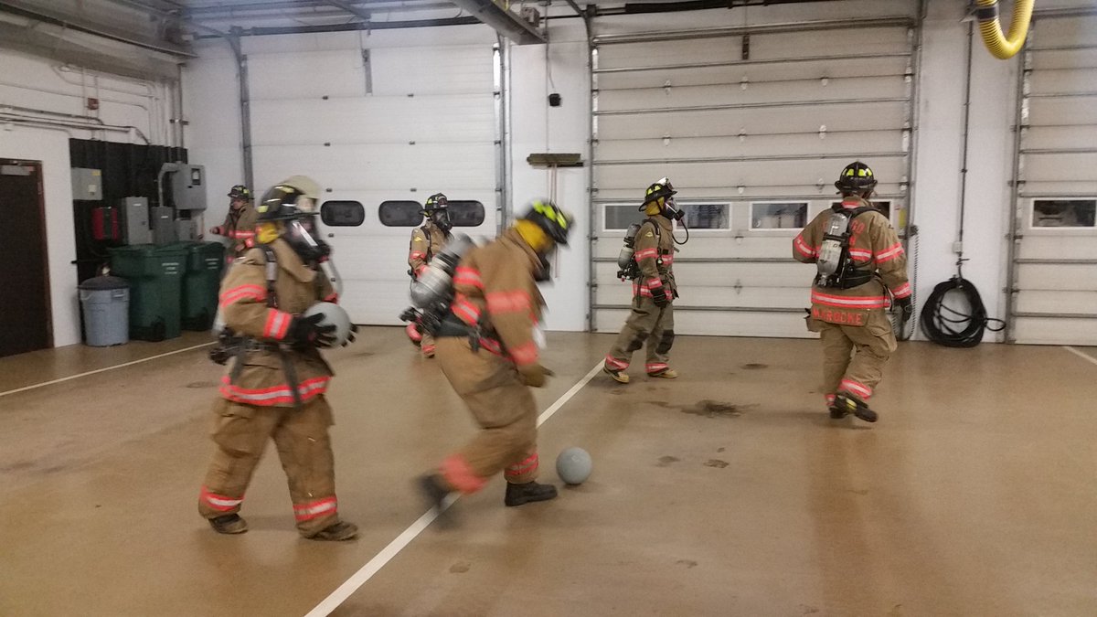 OTownFire's tweet photo. At our last drill our members worked on air conservation while under strain.  How did we strain them?  Dodgeball!  #Trainingisfun https://t.co/R6xO8TtZ3l
