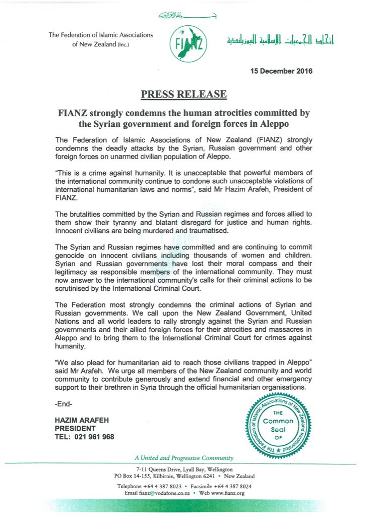 FIANZ PRESS RELEASE ON ALEPPO <a href="/TVONENZ/">TVNZ 1</a> <a href="/NewshubNZ/">Newshub</a> <a href="/ScoopNZ/">Scoop Independent News</a> <a href="/NewstalkZB/">Newstalk ZB</a> <a href="/ScoopNZ/">Scoop Independent News</a> @RadioLIVENZ <a href="/TVONENZ/">TVNZ 1</a> <a href="/nzherald/">nzherald</a>