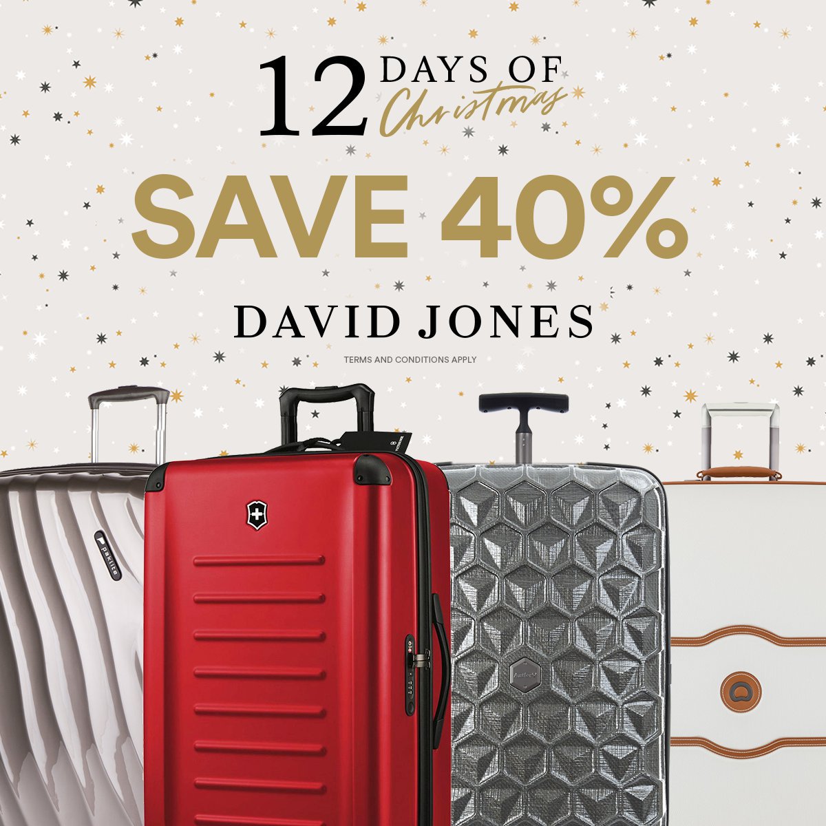 DavidJonesStore's tweet photo. 12 DAYS OF CHRISTMAS: SAVE 40% on the RRP# on a great range of luggage. Instore and online. Today only! Shop now > https://t.co/eLF17QQGON https://t.co/1oe6pjvjUK