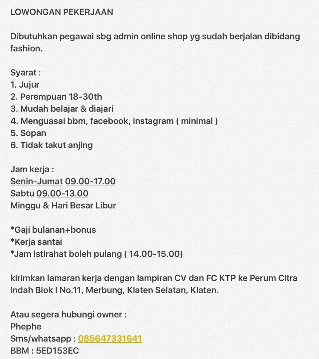 Lowongan Kerja 2019 Admin Online Shop