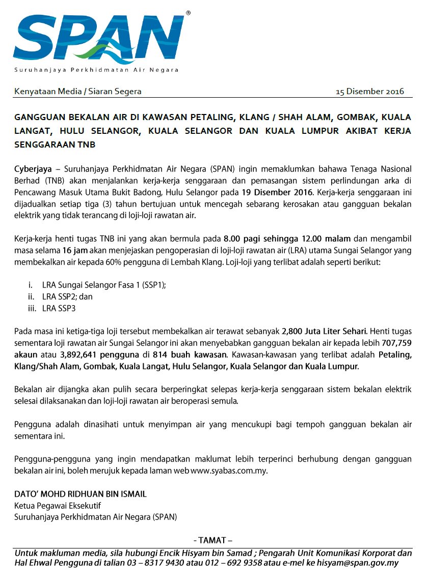 Suruhanjaya Perkhidmatan Air Negara On Twitter Kenyataan Media Span Gangguan Bekalan Air Pada 19 Disember 2016