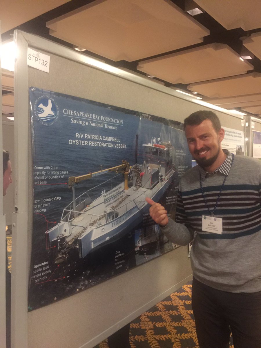 DrIanMcLeod's tweet photo. I found the @ShellfishReefs restoration vessel we 'need' for Australia. Conveyer belt to deploy shell and spuds to lock the boat in place https://t.co/yK2unT70N4