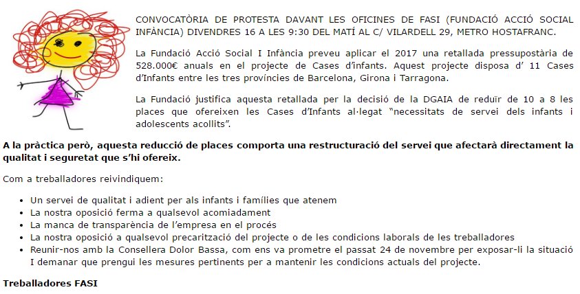 CGTEnsenyament's tweet photo. #LaDGAIAensRetalla Demà a les 9.30h davant les oficines de FASI (FUNDACIÓ ACCIÓ SOCIAL INFÀNCIA) c/ Vilardell 29, Metro Hostafranc. https://t.co/LKkULKGtG7