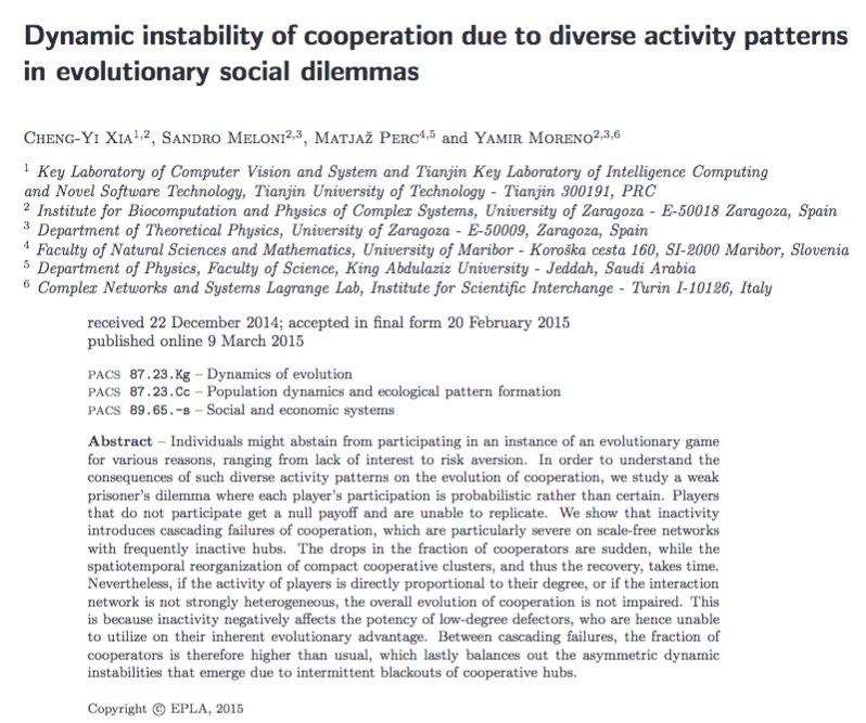 Most cited - Dynamic instability of cooperation due to diverse activity... @matjazperc @Sandro_Meloni @cosnet_bifi goo.gl/bHF5X3