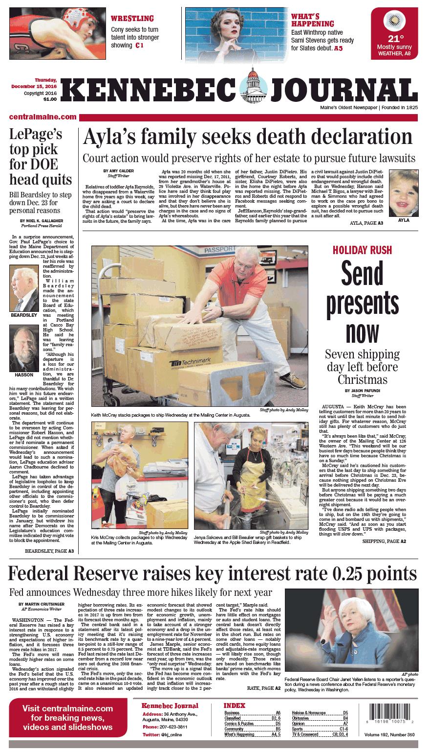 Kennebec Journal on Twitter "Today's Kennebec Journal front page, Thursday, December 15, 2016…