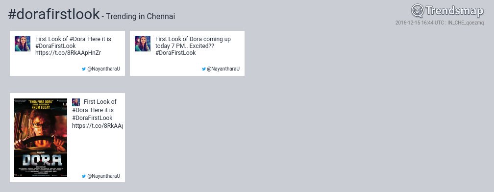 ForumReelz's tweet photo. #dorafirstlook is now trending in #Chennai @NayantharaU https://t.co/ZKXbT1Amli
