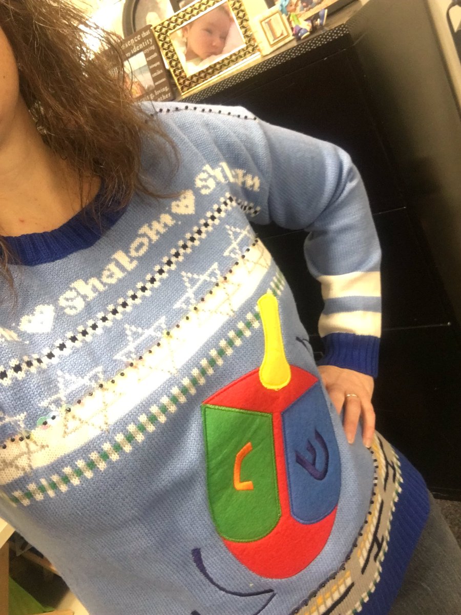 #UglySweater day at work. Chances of winning best #Hanukkah sweater are pretty high. #DreidelDreidelDreidel @Kohls for the win.