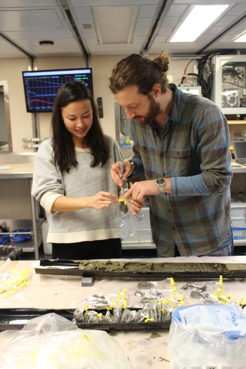 sikuliaq's tweet photo. Cam Schwalbach and Megan Fung process sediment samples from yesterday's #gravitycore in the #CaliforniaBorderlands. Photo by Megan Roberts. https://t.co/WOy3t6LZ2V