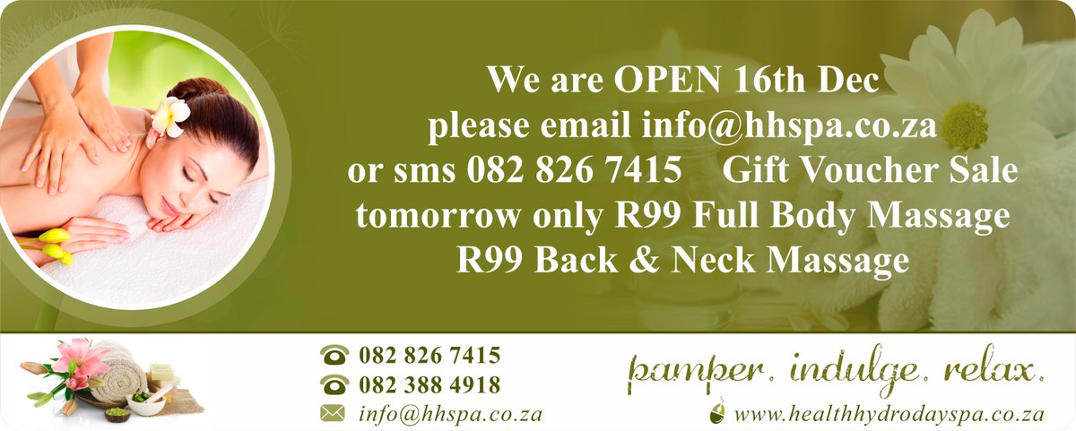 hhdayspa's tweet photo. We are OPEN 16th Dec please email info@hhspa.co.za or sms 082 826 7415 #HealthHydroDaySpa #DaySPA #SPA #cirobertson https://t.co/DJY6YyiDMg