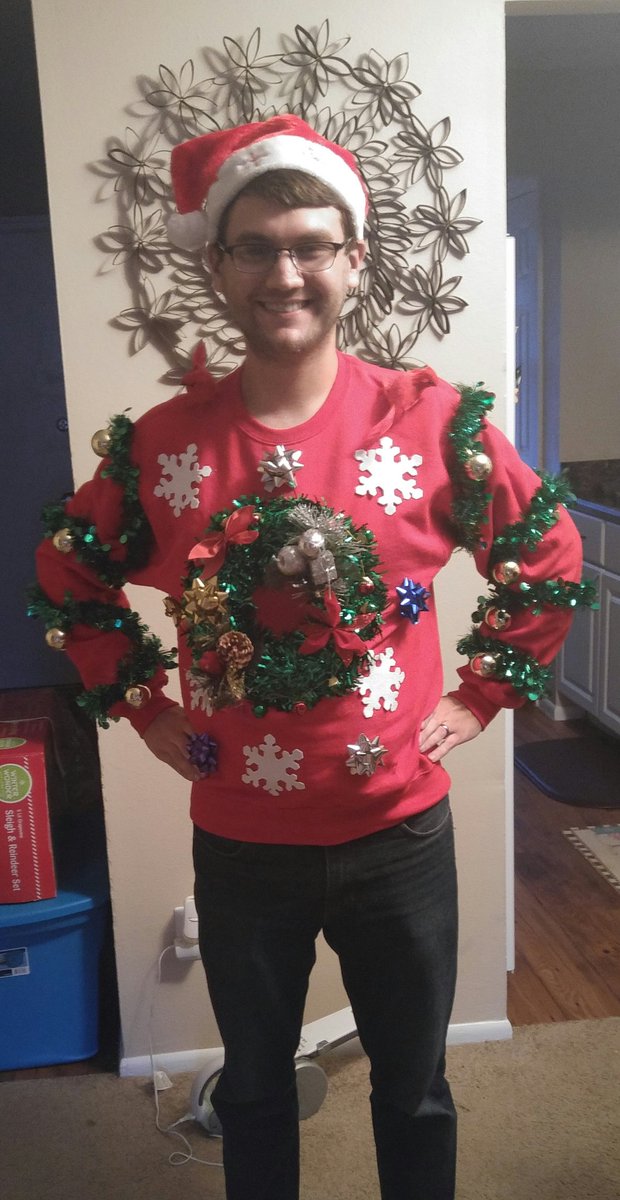 KevinLsAccount's tweet photo. Wish me luck in my company's ugly sweater contest! It's homemade and covered in cardinals. #DRHolidays https://t.co/Pc5h7KVpBs