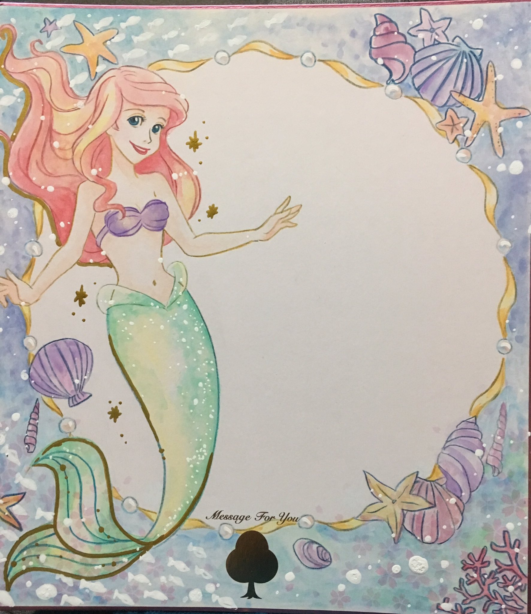 サクラ บนทว ตเตอร 長年一緒に働いてきた同僚が退職することになったので 寄せ書きの色紙に彼女が大好きなアリエルを描きました 久しぶりに描いた もっと水彩ぽくしたかったけど まぁいいや ディズニー Disney アリエル イラスト