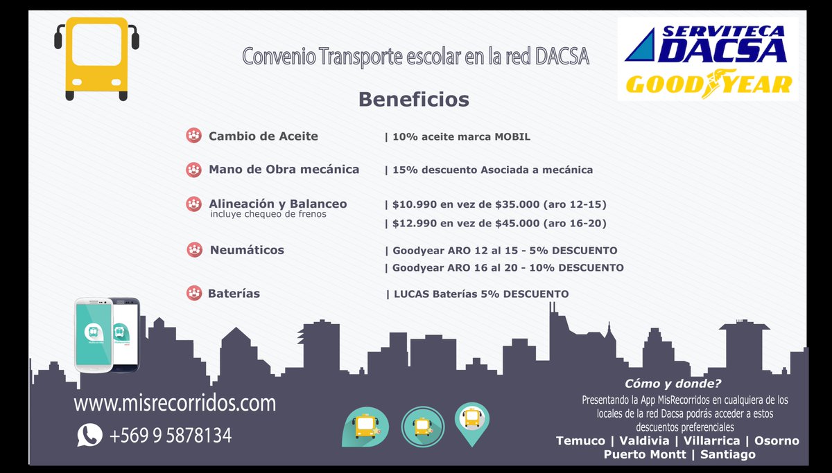 MisRecorridos's tweet photo. Presentamos a nuestra comunidad de Transportistas Escolares en Chile!! Nuevos convenios para todos uds!!! Serviteca Dacsa https://t.co/vJCXUP9rWK