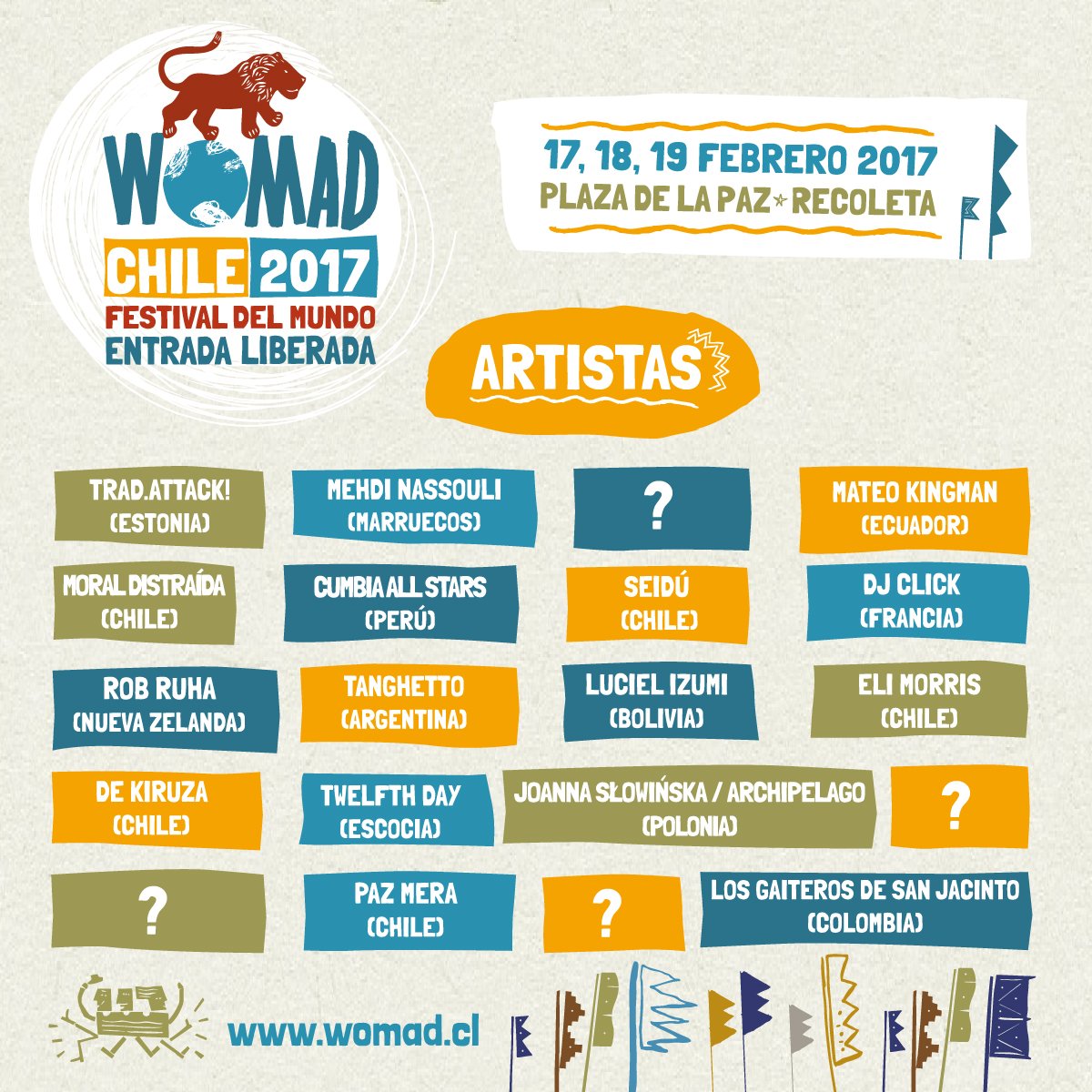 WomadChile's tweet photo. ¡YA ESTÁN LOS PRIMEROS 16 ARTISTAS CONFIRMADOS! Conoce aquí la 1ª
lista de artistas del Festival #WOMADChile 2017. https://t.co/5hbhK8Tvw7 https://t.co/UNintrVTLx