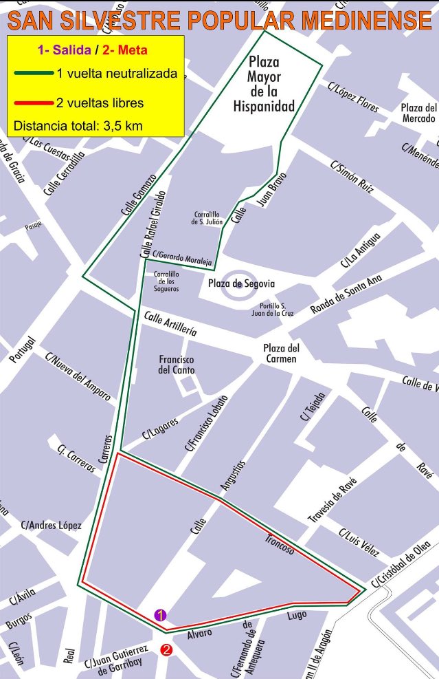 AyuntamientoMDC's tweet image. En apenas dos horas comienza la #SanSilvestre Popular Medinense, consulta aquí el recorrido de la carrera.