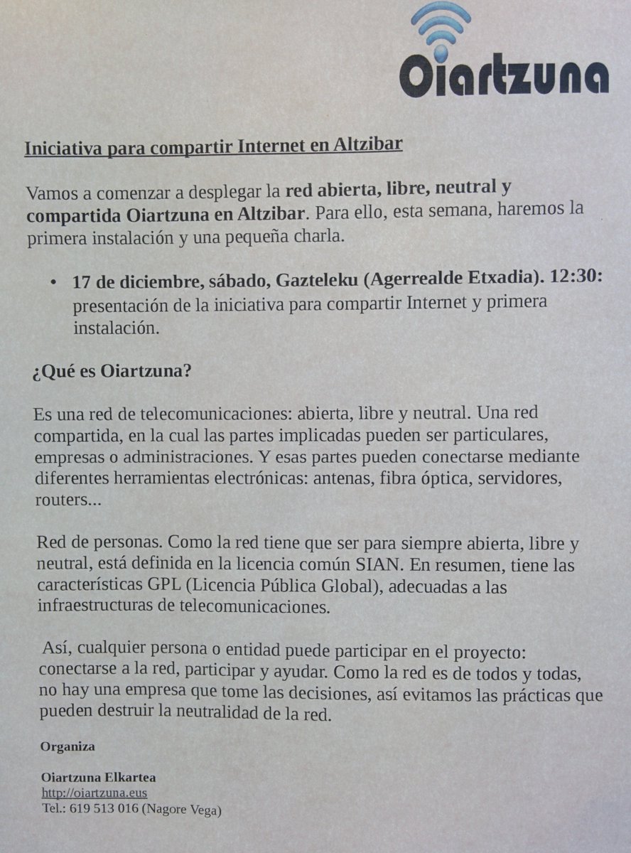 Mientras se pone a punto el proyecto para todo el pueblo, este sábado 17 comenzaremos a hacer unas pruebas en Altzibar: 12:30 en Gazteleku