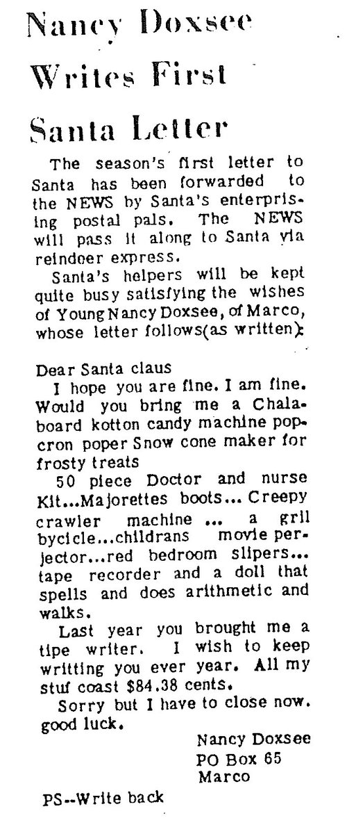 CollierMuseums's tweet photo. #TBT November 18, 1965, Collier County News. Nancy Doxsee, from Marco Island, writes the first letter to Santa. . #CollierCountyHistory https://t.co/wHBGXYzAqo