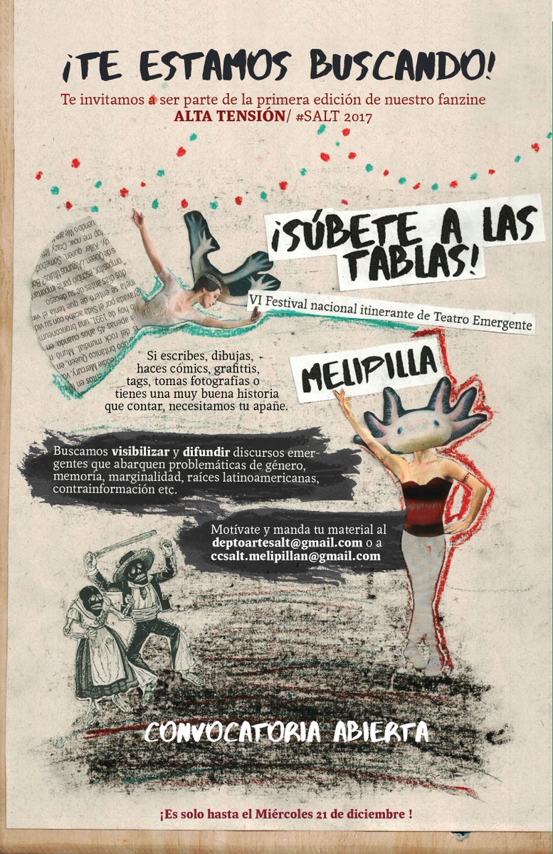 ¡Te estamos buscando!

Te invitamos a ser parte de la primera edición de nuestro fanzine ALTA TENSIÓN que se repartirá en el SALT 2017